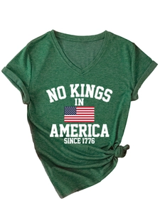 Close-up of V-neck dark green T-shirt with vintage American flag print and side-knot detail