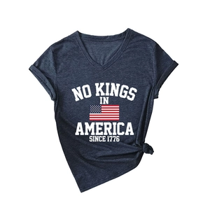 Women's V-neck short sleeve T-shirt with No Kings in America print and side knot detail