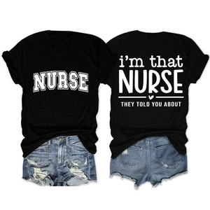 Vue avant et arrière du t-shirt d'infirmière noir avec imprimé cœur et texte