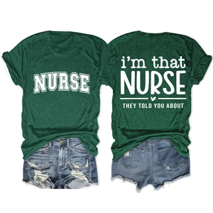 Vues avant et arrière du t-shirt vert foncé pour infirmière avec slogans blancs