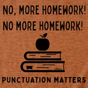 Detail of printed text Punctuation Matters on caramel brown short sleeve t-shirt fabric