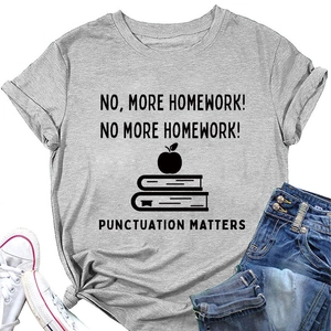 Detail of grey crewneck T-shirt featuring 'Punctuation Matters' graphic print