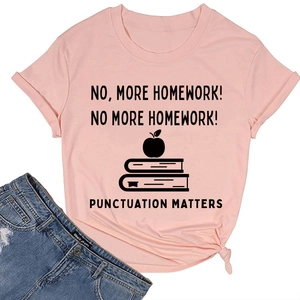 Pink cotton crewneck T-shirt detail with 'No More Homework' black graphic print