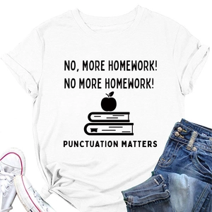 Detail of white cotton T-shirt featuring No More Homework print and stylish front knot tie
