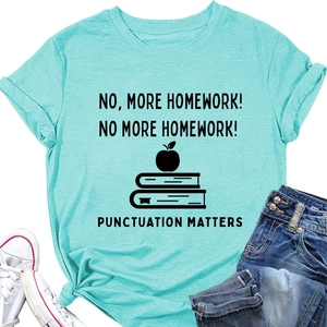 Flat lay of a turquoise round neck t-shirt with funny punctuation text and denim shorts