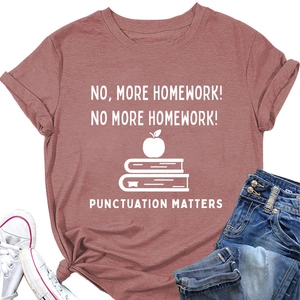 Flat lay of women's dusty rose crew neck t-shirt with punctuation graphic and jeans