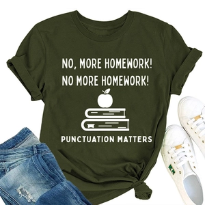 Detailed flat lay of green cotton T-shirt with No More Homework text and apple print