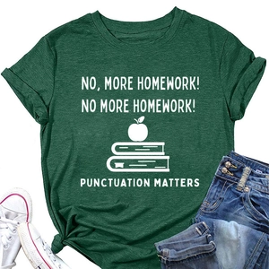 Detail of dark green t-shirt featuring white slogan print and academic icons