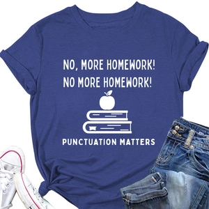 Close-up of blue cotton T-shirt featuring NO MORE HOMEWORK print and book graphic