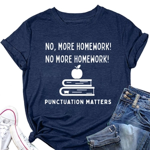 Detail of navy cotton T-shirt with white school graphic and educational humor print