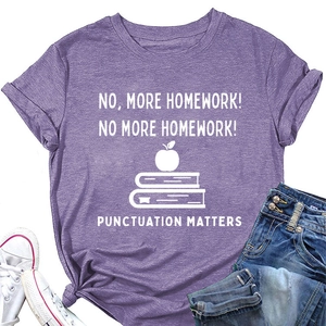 Purple crewneck T-shirt with white graphic print paired with jeans and canvas shoes