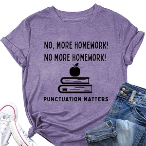 Detailed flat lay of purple cotton T-shirt featuring Punctuation Matters graphic design