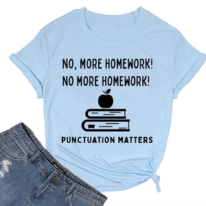 Flat lay detail of a light blue round neck T-shirt with humorous school slogan print