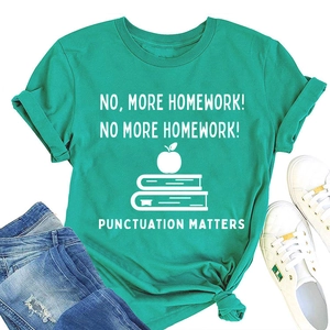 Flat lay of a mint green cotton t-shirt with funny punctuation slogan and casual denim pants