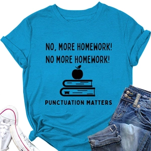 Close-up of bright blue cotton t-shirt with No More Homework text and book graphics
