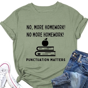 Detail of pea green crew neck T-shirt with humorous school print and casual styling