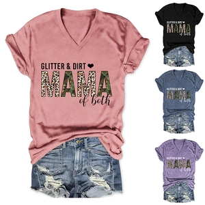 Detail of glitter dirt mama print on women V-neck T-shirt in four color options