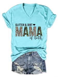 Detail of aqua blue V-neck tee with MAMA print and distressed denim shorts set