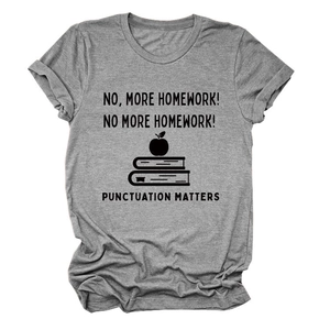 Detailed flat-lay of heather grey t-shirt with funny educational text and book icons