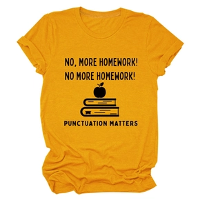 Detail of mustard yellow cotton T-shirt featuring punctuation slogan and book graphic