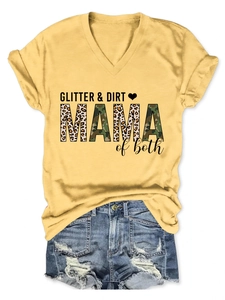 Close-up of ginger V-neck T-shirt with Glitter Dirt Mama leopard and camo print design