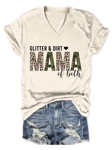 Detail of V-neck t-shirt with GLITTER & DIRT MAMA print and rolled sleeves