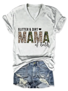 Close-up of Mama of Both T-shirt with leopard and camo print and ripped denim shorts