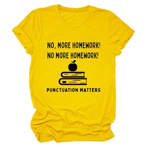 Detailed view of yellow crew neck t-shirt with black punctuation matters graphic design