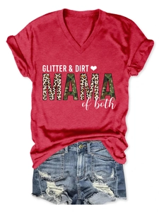 Detail of glitter dirt mama v-neck t-shirt with leopard camouflage print and heart