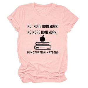 Detail of pink cotton t-shirt with 'No More Homework' graphic and round neckline
