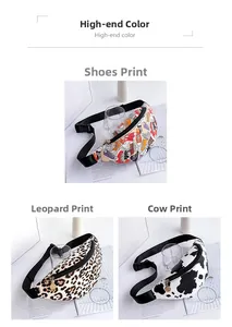 Three stylish waist bags featuring shoe print, leopard print, and cow pattern details