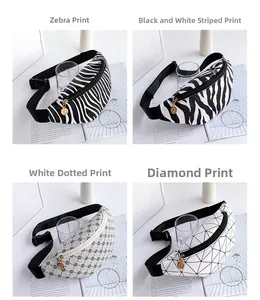 Detail showing four stylish printed waist bags with zebra, stripe, dot, and diamond patterns