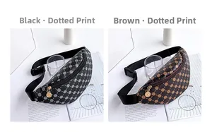 Close-up of black and brown waist bags with vintage polka dot patterns and adjustable straps