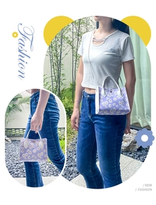 Sac fourre-tout à fleurs avec motifs marguerites blanches et poignées en cuir violet