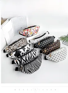 Collection of stylish fanny packs featuring leopard, cow, and zebra prints with gold zippers