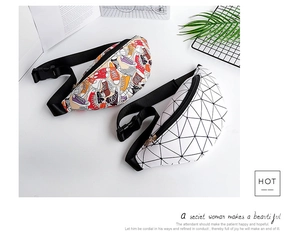 Detail of adjustable nylon straps and buckles on printed sports waist bags with patterns