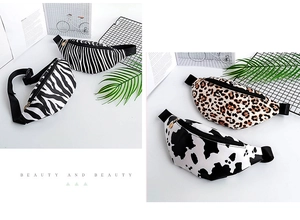 Detailed view of animal print waist bags featuring leopard, zebra, and cow patterns