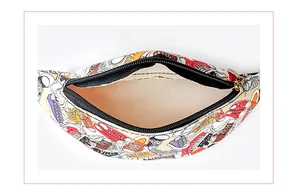 Top view of the spacious inner compartment of the cartoon canvas waist bag with zipper