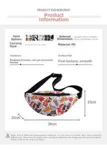 Detailed size chart of the colorful graffiti fanny pack with PU material dimensions