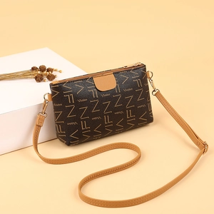 Brown faux leather crossbody bag with yellow VIFN letter print and adjustable strap