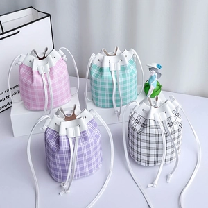 Borsa a Secchiello in Pelle PU con Stampa a Quadri Donna Mini Borsa a Tracolla con Coulisse Dolce Stile Coreano per Uso Quotidiano Viaggio