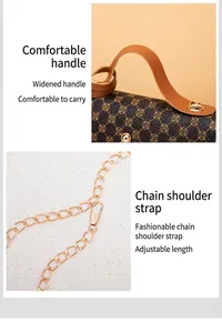 Detail of widened leather handle and adjustable metal chain strap on crossbody bag