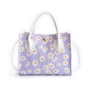 Sac à main violet à fleurs avec motifs de marguerites blanches et bandoulière amovible