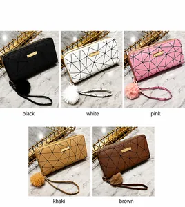 Quilted women long wallet with wrist strap and pompom in five elegant colors