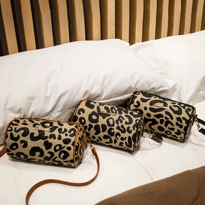Leopard Print Cylinder Crossbody Bag PU Leather Canvas Trim Vintage Style Shoulder Handbag Women Fashion