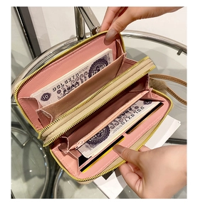 Detailed interior of double zipper long wallet showing multi-card slots and cash compartments