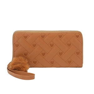 Women long brown woven PU wallet with heart embroidery and fluffy fur ball keychain
