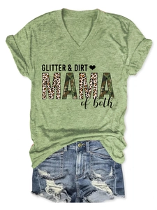 Detail of V-neck grass green t-shirt with Glitter & Dirt Mama leopard and camo print