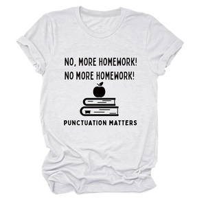 Detail of white cotton T-shirt featuring educational punctuation print and book icons