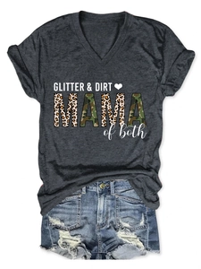 Detail of V-neck dark grey t-shirt with leopard MAMA print and distressed denim shorts